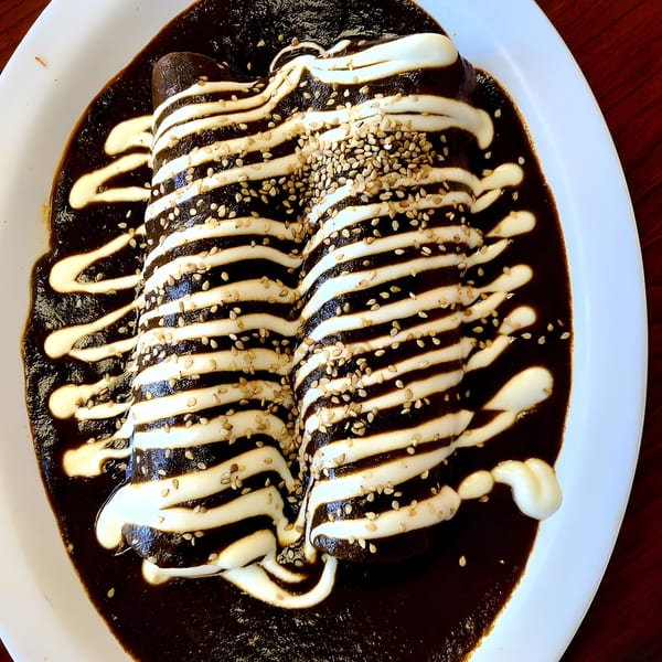 Two dark mole enchiladas drizzled with white crema and sprinkled with sesame seeds on a white plate.