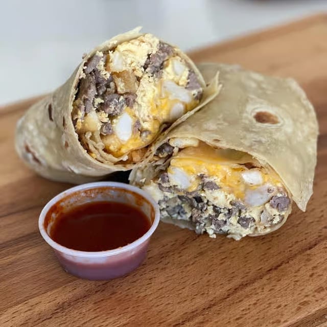Asada, Eggs, Potatoes & Cheese Burrito.
